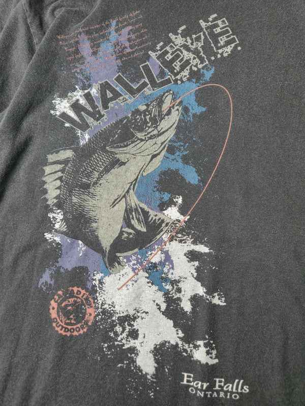 Style Apparel Fishing T-shirt Walleye Ear Falls Ontario Vintage Taille XL Noir Délavé Très Bon État
