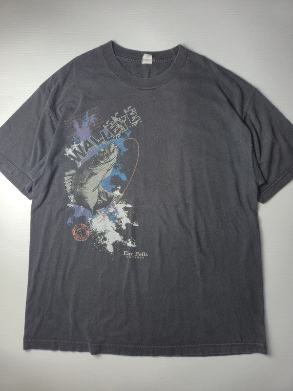 Style Apparel Fishing T-shirt Walleye Ear Falls Ontario Vintage Taille XL Noir Délavé Très Bon État