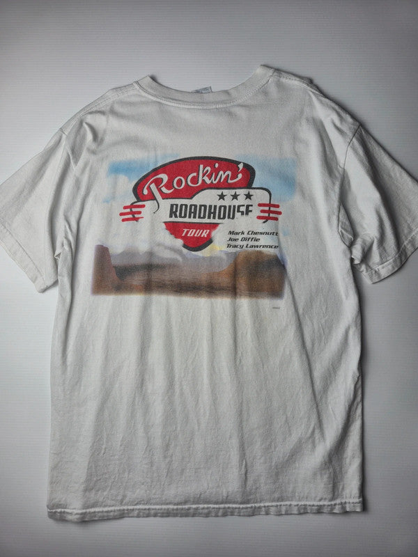 Gildan Rockin' Roadhouse Tour T-shirt Vintage Country 2002 Taille L Blanc Très Bon état